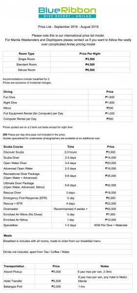 Blue ribbon divers pricelist 2018