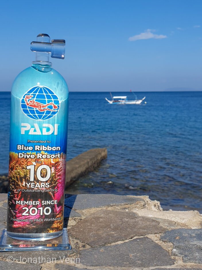 PADI 10-Year Award presented to Blue Ribbon Dive Resort — Member Since 2010 — photographed on the Anilao waterfront with a traditional bangka boat in the background.