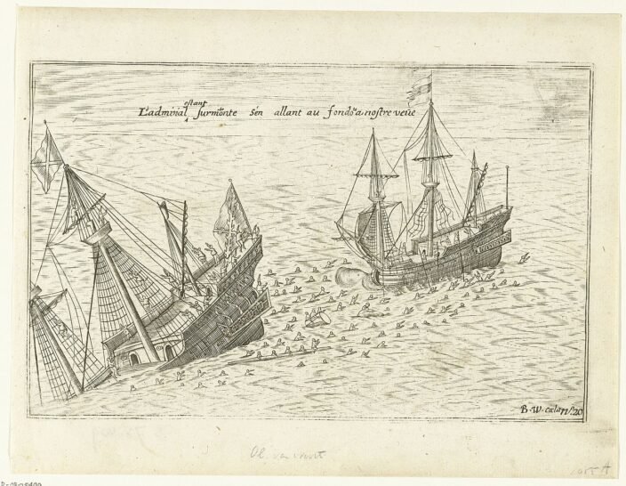 The Mauritius sinking the San Diego, 1600 — engraving by Benjamin Wright